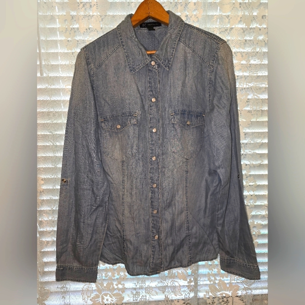 INC Denim Long Sleeve Womens Pearl Snap Button Down, Size 12